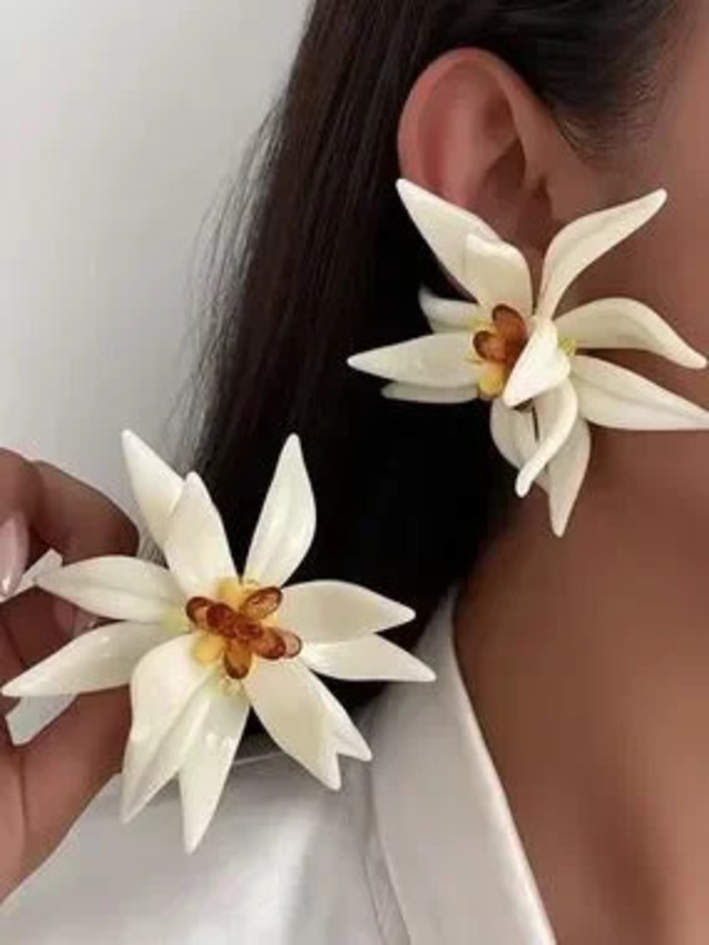 Anthropologie Ivory Floral Statement Earrings with Amber Center